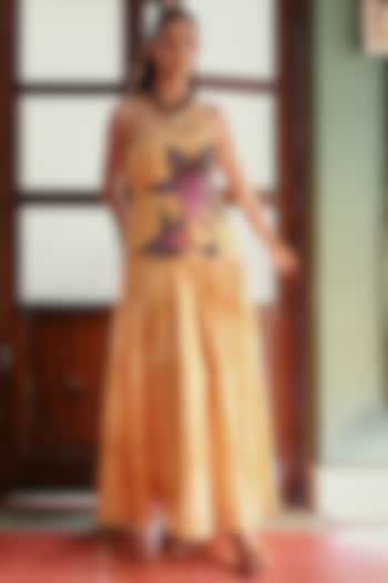 Yellow Denim Cotton Floral Embellished Midi Summer Dress by ZiP by Payal & Zinal at Pernia's Pop Up Shop