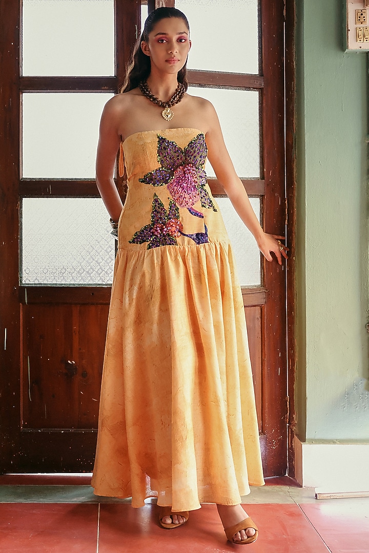 Yellow Denim Cotton Floral Embellished Midi Summer Dress by ZiP by Payal & Zinal at Pernia's Pop Up Shop