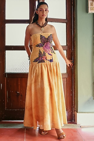 Yellow Denim Cotton Floral Embellished Midi Dress by ZiP by Payal & Zinal