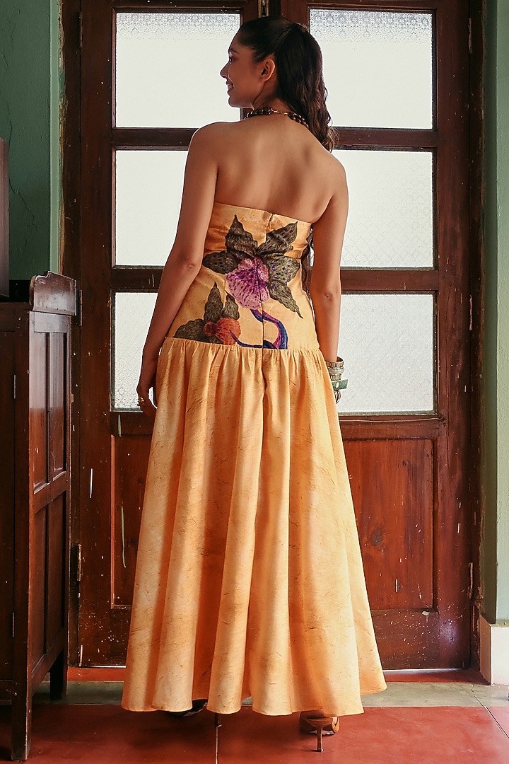 Yellow Denim Cotton Floral Embellished Midi Summer Dress by ZiP by Payal & Zinal at Pernia's Pop Up Shop