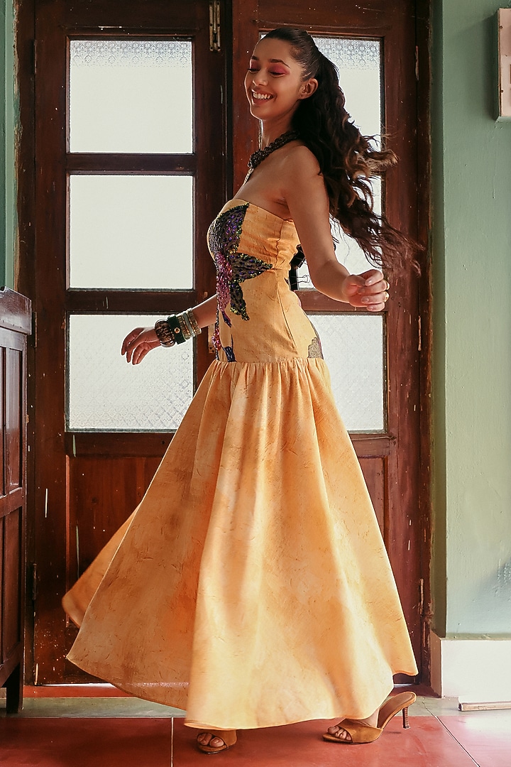 Yellow Denim Cotton Floral Embellished Midi Summer Dress by ZiP by Payal & Zinal at Pernia's Pop Up Shop