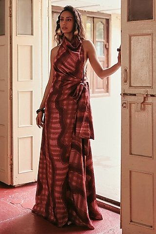 Brown Satin Printed Maxi Draped Dress by ZiP by Payal & Zinal