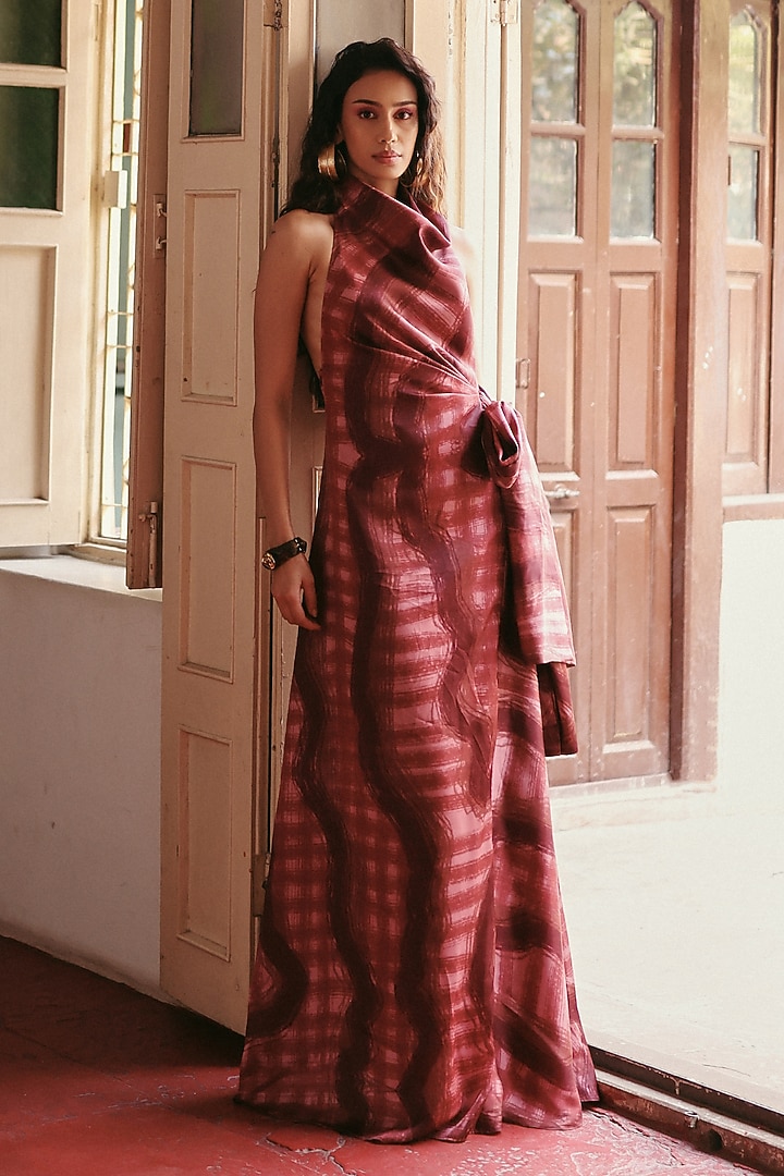 Brown Satin Printed Maxi Draped Summer Dress by ZiP by Payal & Zinal at Pernia's Pop Up Shop