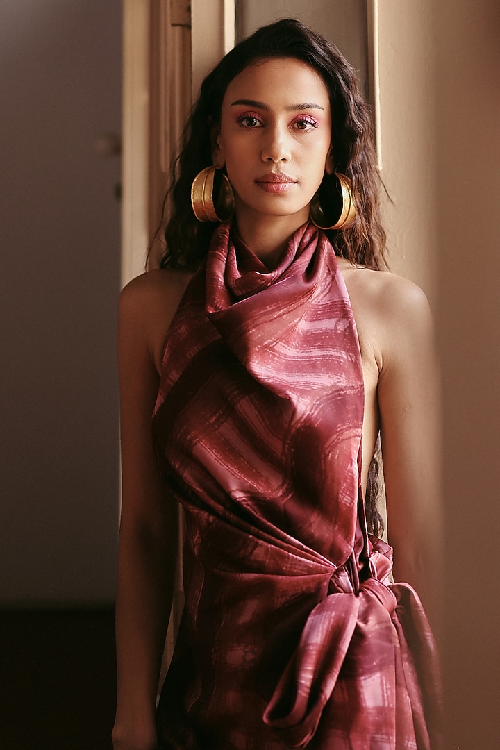 Brown Satin Printed Maxi Draped Summer Dress by ZiP by Payal & Zinal at Pernia's Pop Up Shop