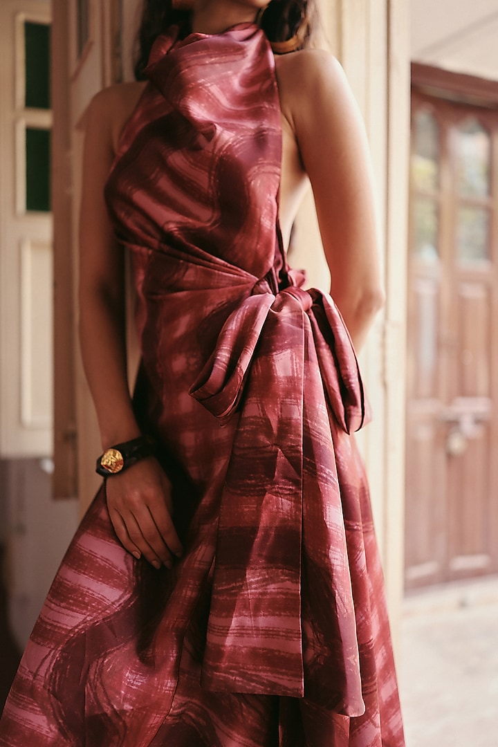 Brown Satin Printed Maxi Draped Summer Dress by ZiP by Payal & Zinal at Pernia's Pop Up Shop