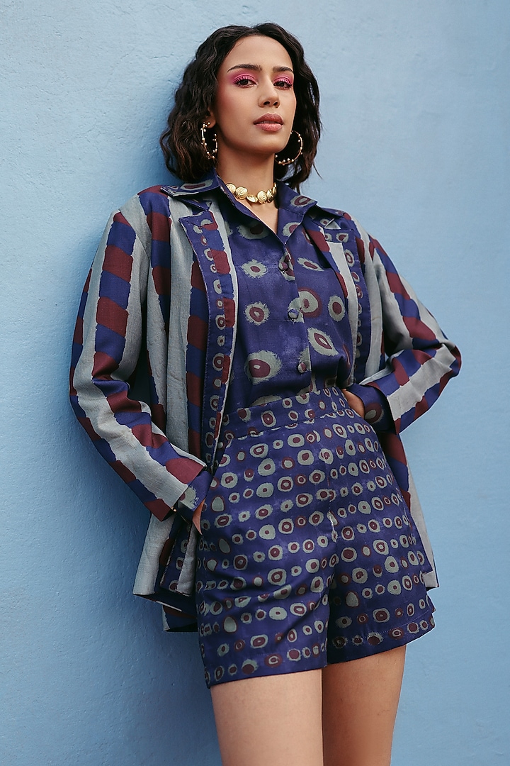 Blue Linen Printed Co-Ord Set by ZiP by Payal & Zinal at Pernia's Pop Up Shop