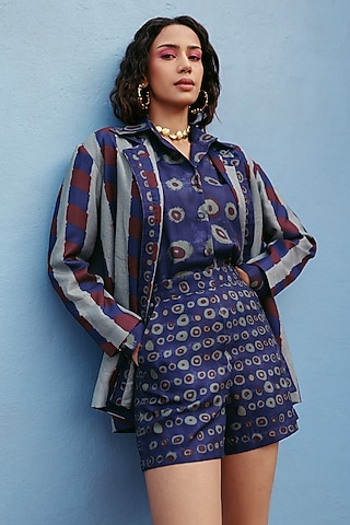 Blue Linen Printed Co-Ord Set by ZiP by Payal & Zinal