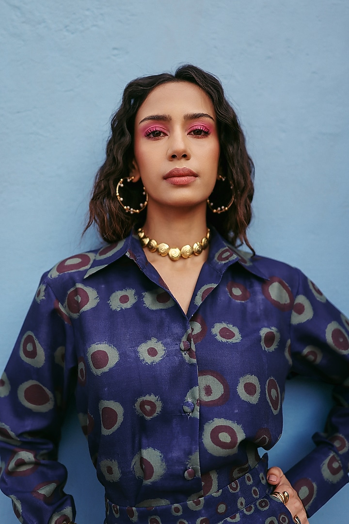 Blue Linen Printed Co-Ord Set by ZiP by Payal & Zinal at Pernia's Pop Up Shop