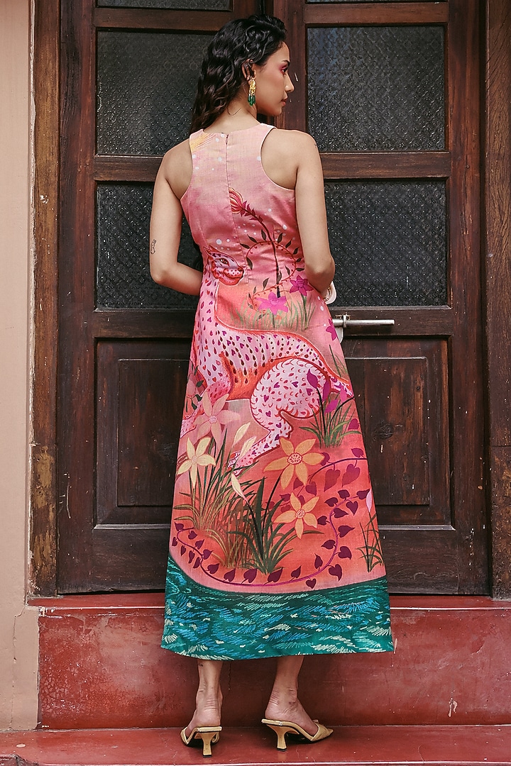 Pink Denim Cotton Printed & Embellished Maxi Summer Dress by ZiP by Payal & Zinal at Pernia's Pop Up Shop