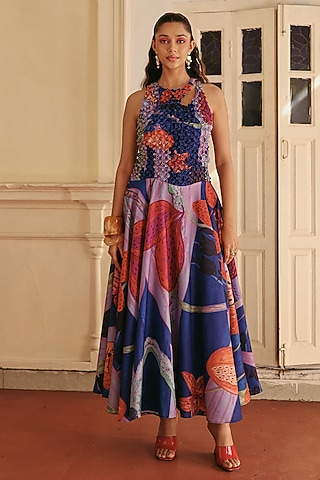 Multi-Colored Linen Printed Maxi Dress by ZiP by Payal & Zinal