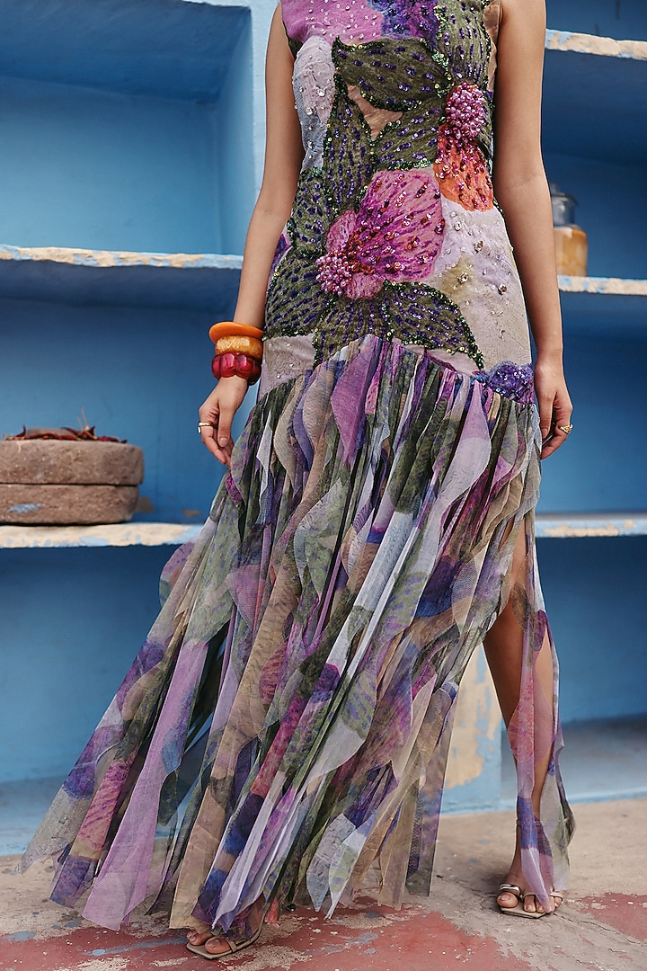 Multi-Colored Georgette Hand Embellished Maxi Vacation Dress by ZiP by Payal & Zinal at Pernia's Pop Up Shop