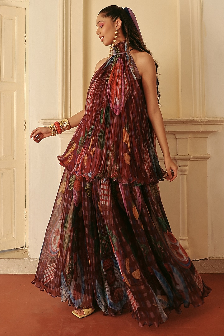 Wine Organza Printed Pleated Skirt Set by ZiP by Payal & Zinal at Pernia's Pop Up Shop