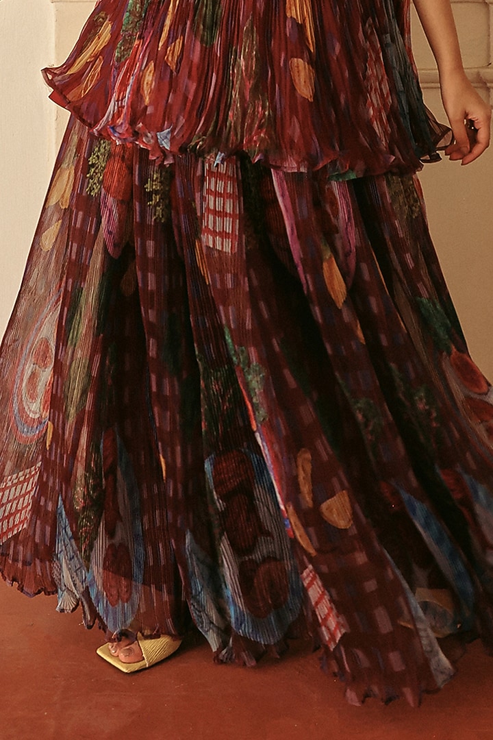 Wine Organza Printed Pleated Skirt Set by ZiP by Payal & Zinal at Pernia's Pop Up Shop