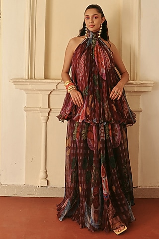 Wine Organza Printed Top by ZiP by Payal & Zinal