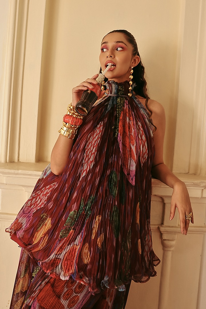 Wine Organza Printed Top by ZiP by Payal & Zinal at Pernia's Pop Up Shop