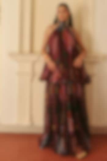 Wine Organza Printed Pleated Skirt by ZiP by Payal & Zinal at Pernia's Pop Up Shop