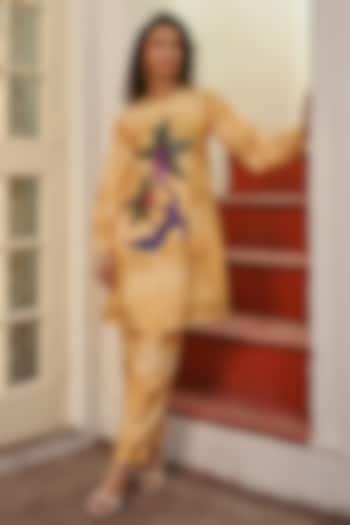 Yellow Linen Floral Motif Printed Co-Ord Set by ZiP by Payal & Zinal at Pernia's Pop Up Shop