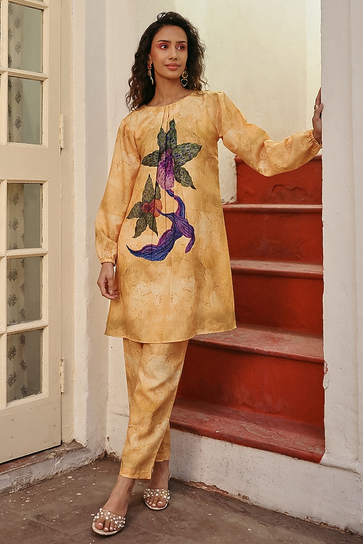Yellow Linen Floral Motif Printed Co-Ord Set by ZiP by Payal & Zinal at Pernia's Pop Up Shop