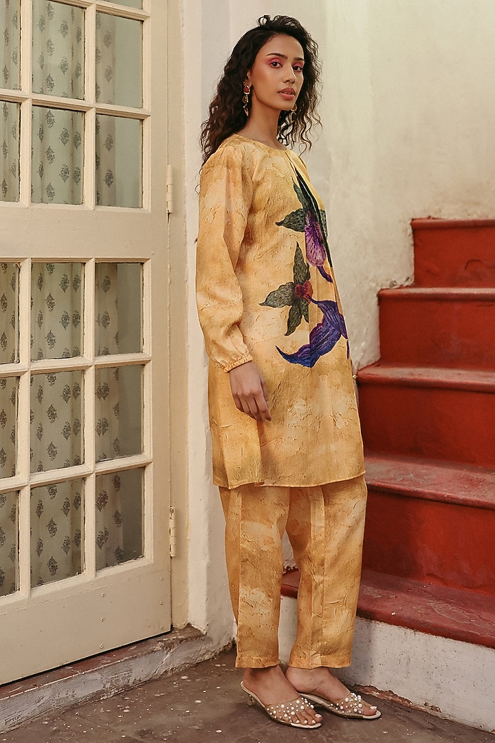 Yellow Linen Floral Motif Printed Co-Ord Set by ZiP by Payal & Zinal at Pernia's Pop Up Shop