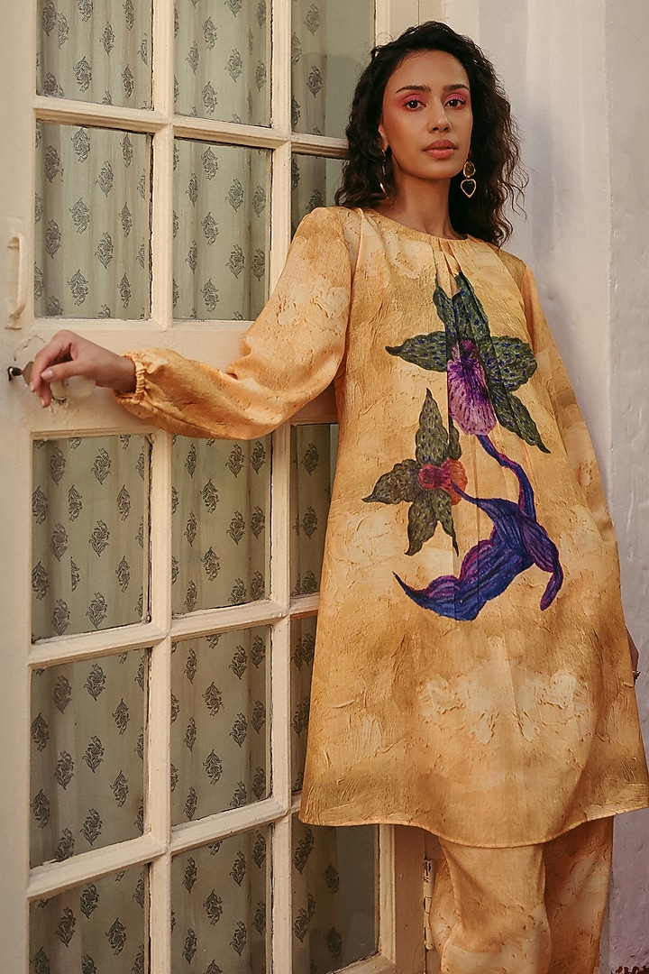 Yellow Linen Floral Motif Printed Co-Ord Set by ZiP by Payal & Zinal at Pernia's Pop Up Shop