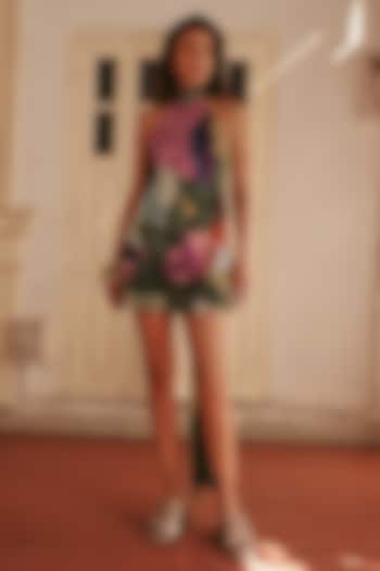 Multi-Colored Denim Cotton Floral Printed Halter Mini Summer Dress by ZiP by Payal & Zinal at Pernia's Pop Up Shop