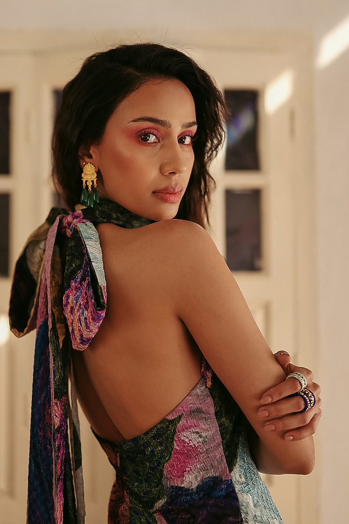 Multi-Colored Denim Cotton Floral Printed Halter Mini Summer Dress by ZiP by Payal & Zinal at Pernia's Pop Up Shop