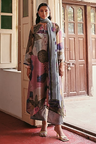 Multi-Colored Georgette Floral Printed Kurta Set by ZiP by Payal & Zinal