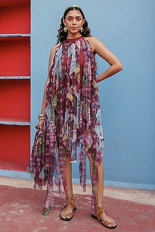 Wine Net Printed Layered Dress by ZiP by Payal & Zinal