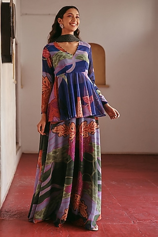 Blue Georgette Printed Sharara Set by ZiP by Payal & Zinal