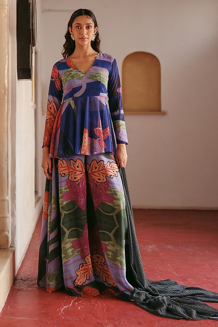 Blue Georgette Printed Sharara Set by ZiP by Payal & Zinal at Pernia's Pop Up Shop