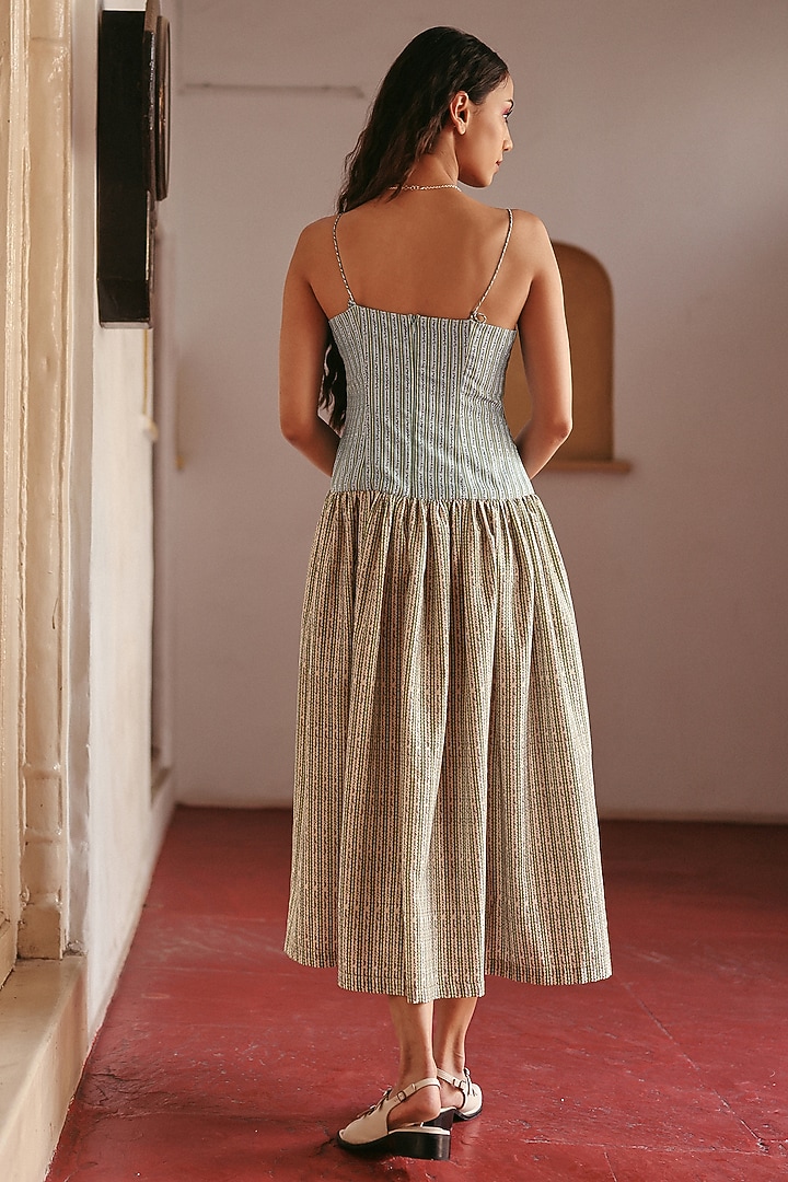 Green Cotton Striped Flared Midi Summer Dress by ZiP by Payal & Zinal at Pernia's Pop Up Shop