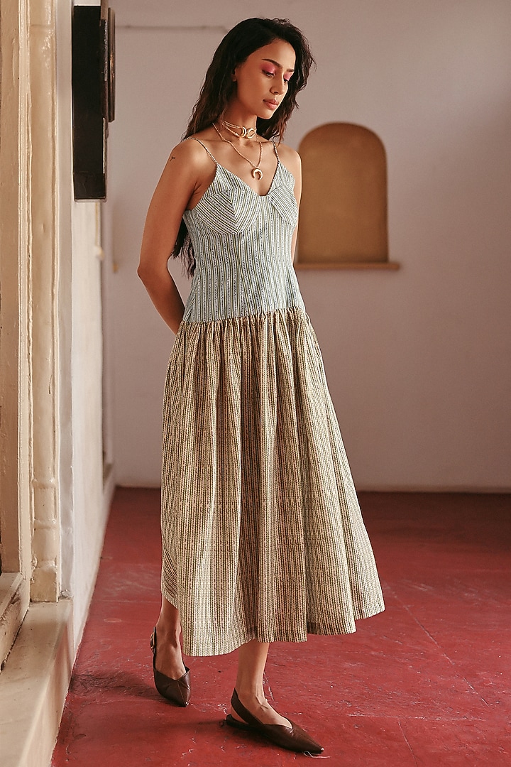 Green Cotton Striped Flared Midi Summer Dress by ZiP by Payal & Zinal at Pernia's Pop Up Shop
