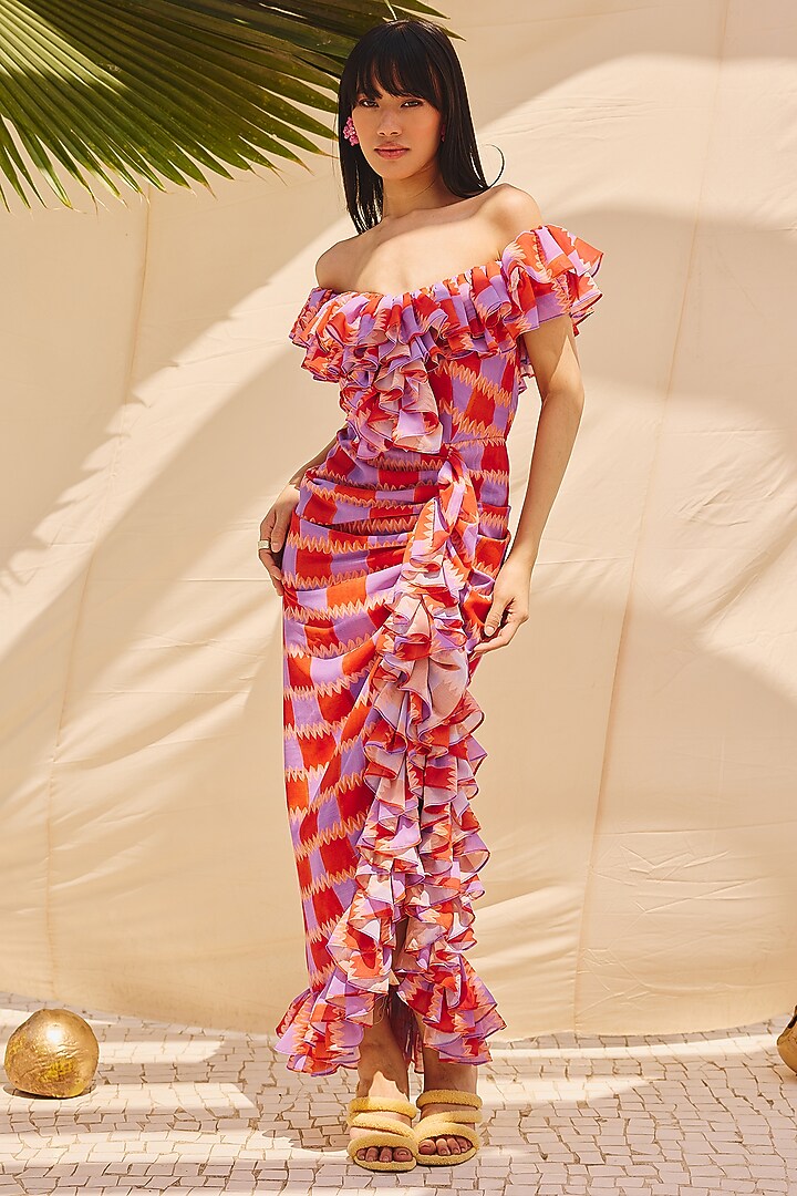 Multi-Colored Georgette Off-Shoulder Summer Dress by ZiP by Payal & Zinal at Pernia's Pop Up Shop