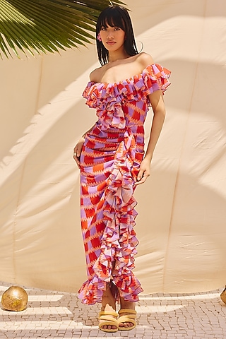 Multi-Colored Georgette Off-Shoulder Dress by ZiP by Payal & Zinal