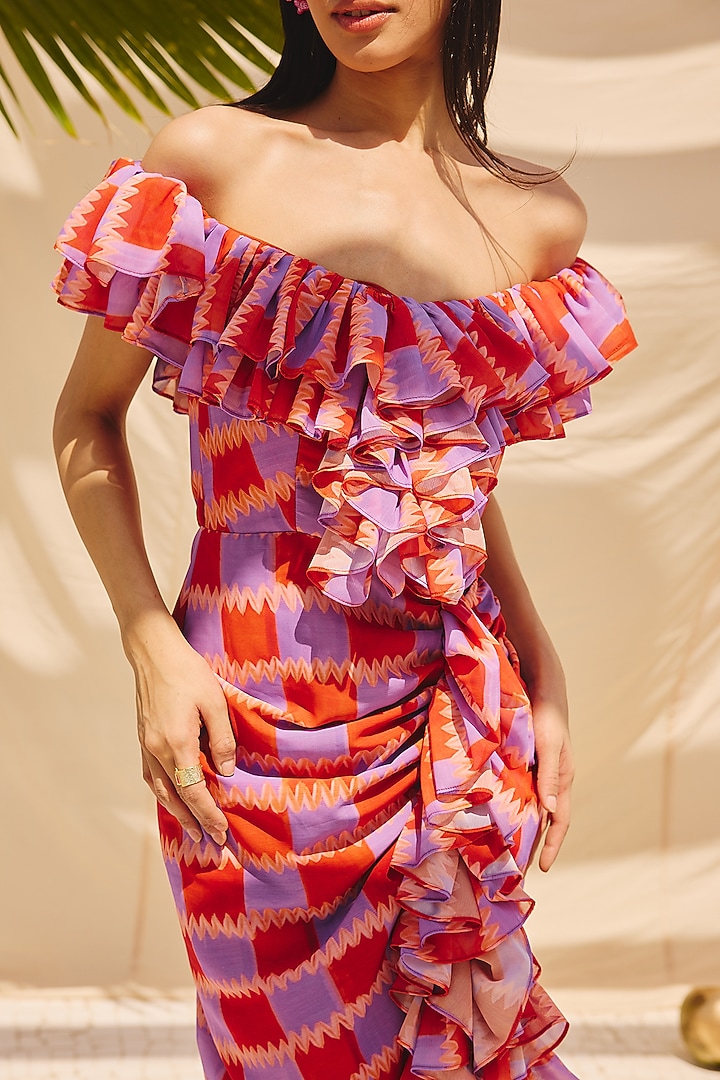 Multi-Colored Georgette Off-Shoulder Vacation Dress by ZiP by Payal & Zinal at Pernia's Pop Up Shop