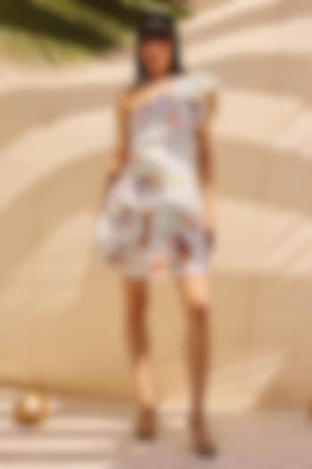 Bluish White Cotton Linen One Shoulder Mini Summer Dress by ZiP by Payal & Zinal at Pernia's Pop Up Shop