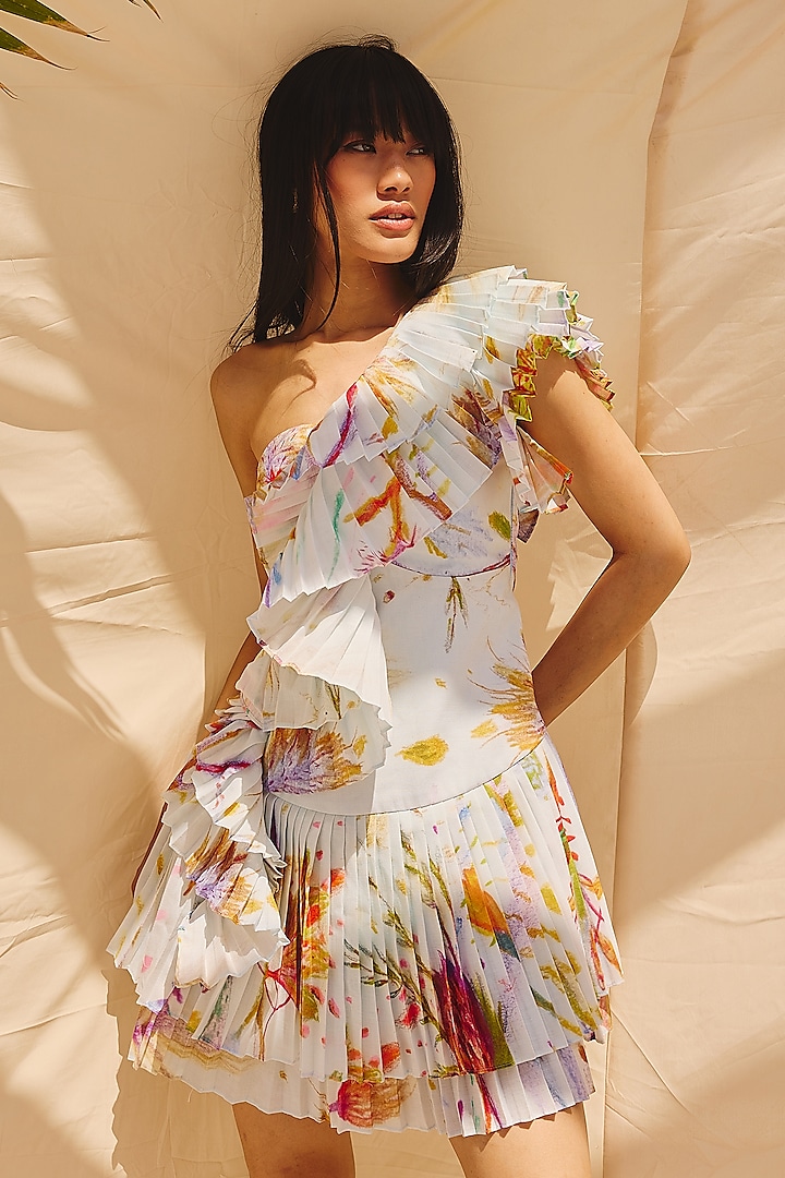 Bluish White Cotton Linen One Shoulder Mini Summer Dress by ZiP by Payal & Zinal at Pernia's Pop Up Shop