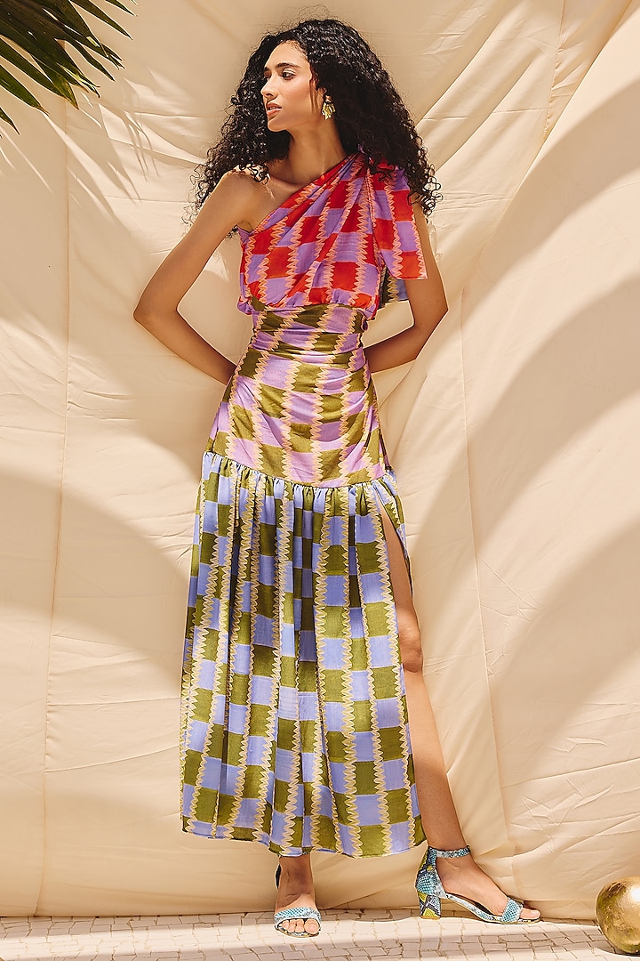 Multi-Colored Cotton Linen One Shoulder Maxi Summer Dress by ZiP by Payal & Zinal at Pernia's Pop Up Shop