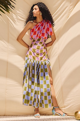 Multi-Colored Cotton Linen One Shoulder Maxi Dress by ZiP by Payal & Zinal