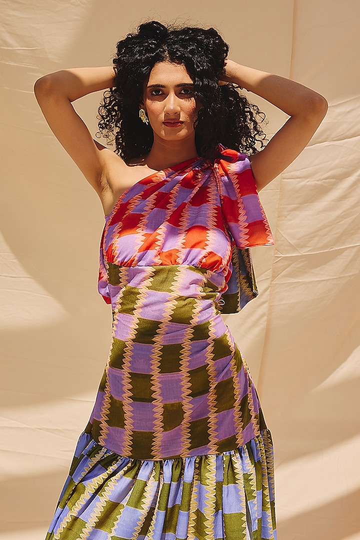 Multi-Colored Cotton Linen One Shoulder Maxi Summer Dress by ZiP by Payal & Zinal at Pernia's Pop Up Shop