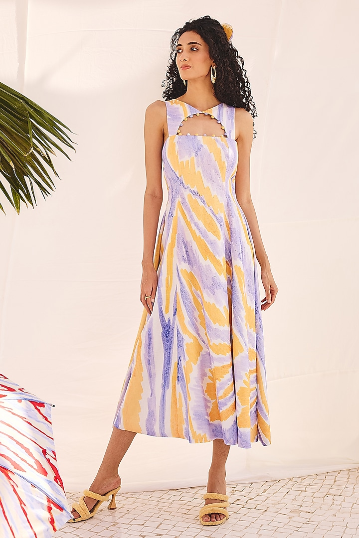 Green & Purple Cotton Linen Princess-Cut Summer Dress by ZiP by Payal & Zinal at Pernia's Pop Up Shop
