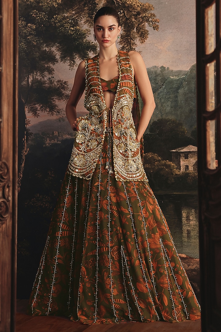 Saffron & Green Net Floral Printed & Embellished Jacket Wedding Lehenga Set by Payal & Zinal at Pernia's Pop Up Shop