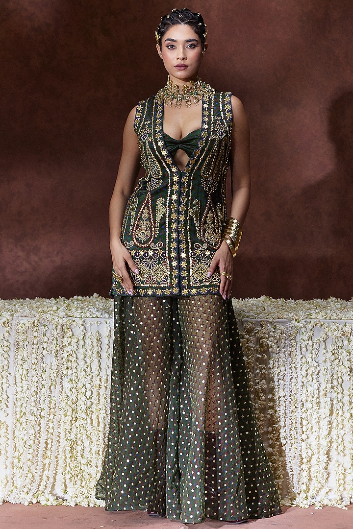 Olive Green Gajji Coin Embellished Jacket Set by Payal & Zinal at Pernia's Pop Up Shop