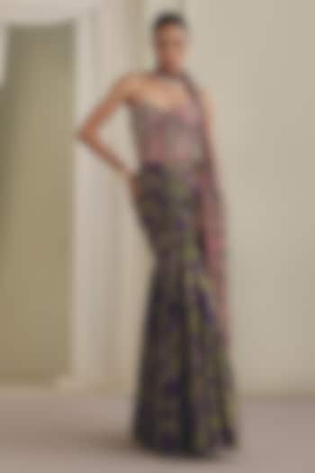 Olive Green Net Printed Ruched Draped Skirt Set by Payal & Zinal at Pernia's Pop Up Shop