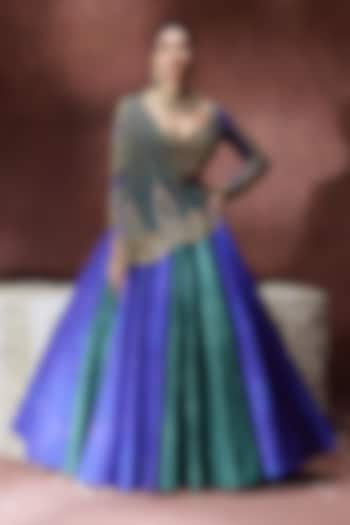 Blue & Green Wave Synthetic Hand Embroidered Wedding Lehenga Set by Payal & Zinal at Pernia's Pop Up Shop