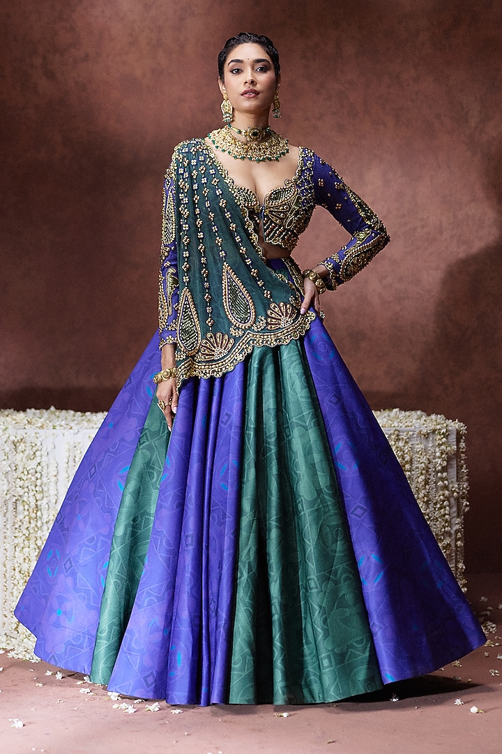 Blue & Green Wave Synthetic Hand Embroidered Wedding Lehenga Set by Payal & Zinal at Pernia's Pop Up Shop