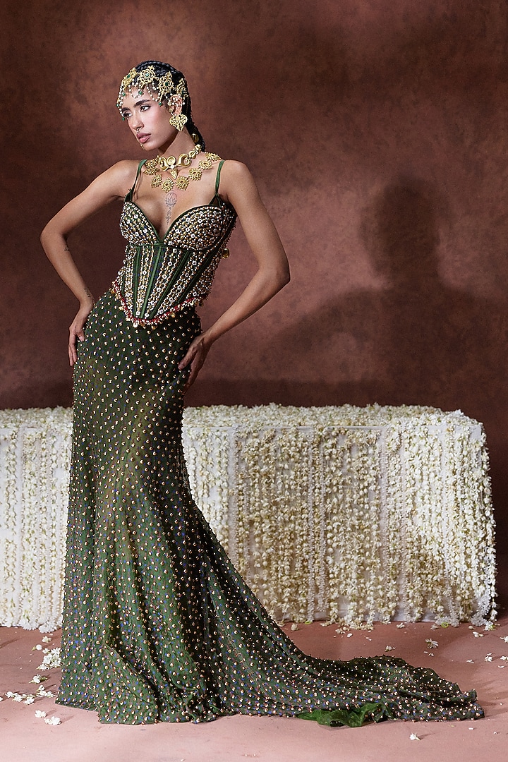 Olive Green Organza Block Printed Skirt Set by Payal & Zinal at Pernia's Pop Up Shop