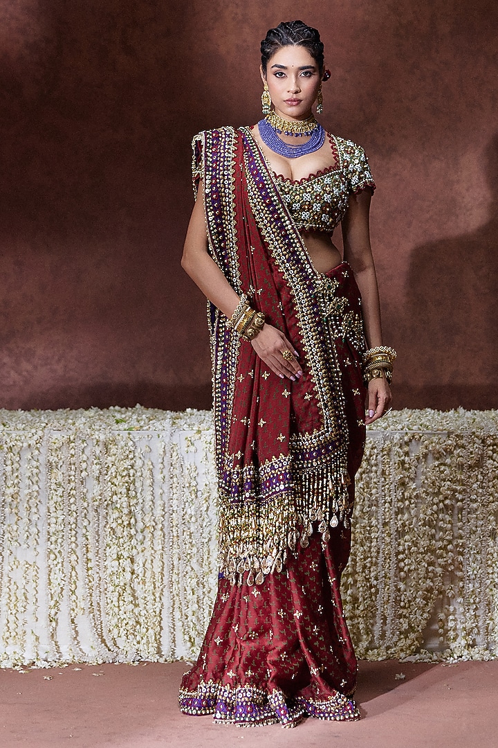 Marron Organza Satin Bandhani Block Printed Reception Saree Set by Payal & Zinal at Pernia's Pop Up Shop