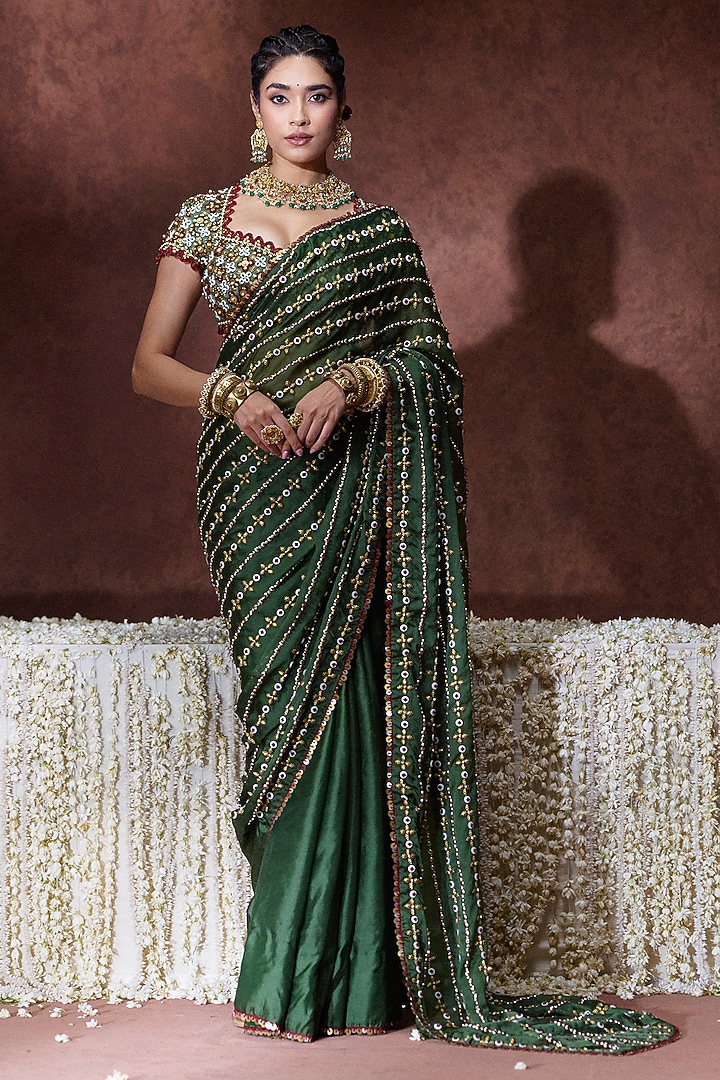 Olive Green Organza Satin Embroidered Reception Saree Set by Payal & Zinal at Pernia's Pop Up Shop