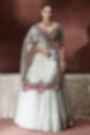 Off-White Organza Satin Pleated Reception Lehenga Saree Set by Payal & Zinal at Pernia's Pop Up Shop
